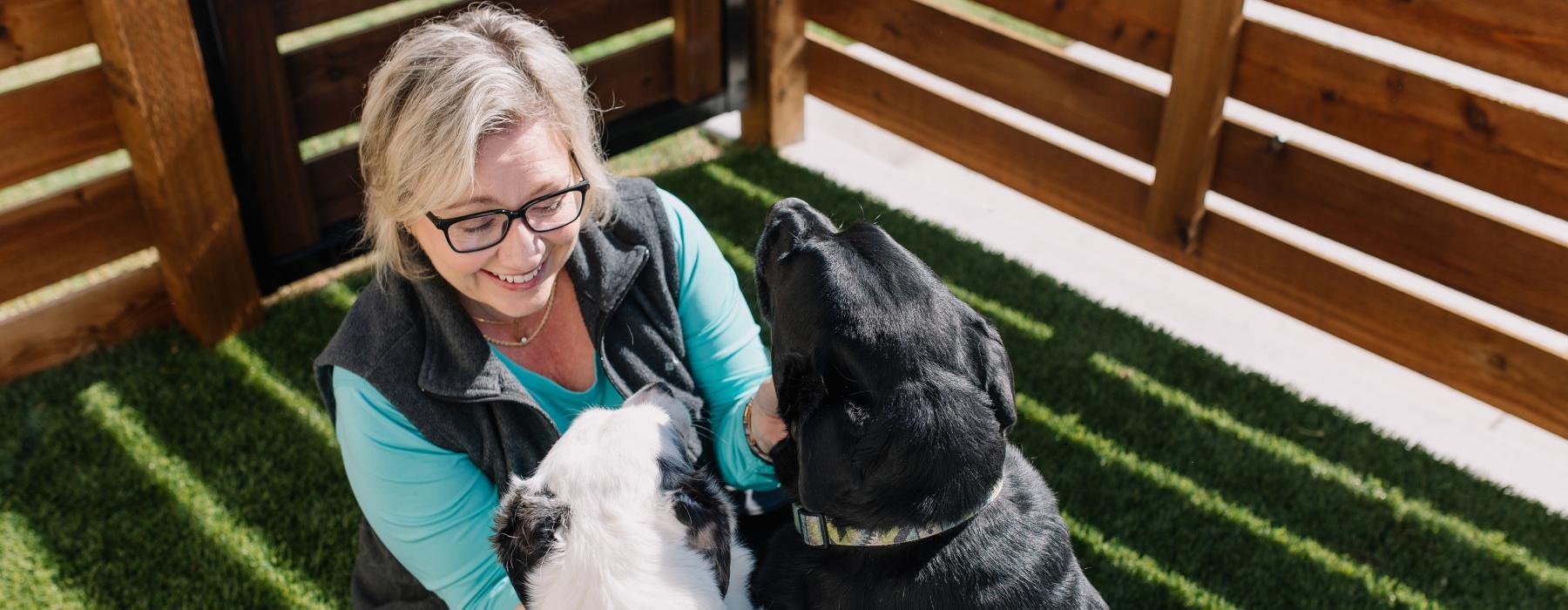 a person sitting with two dogs